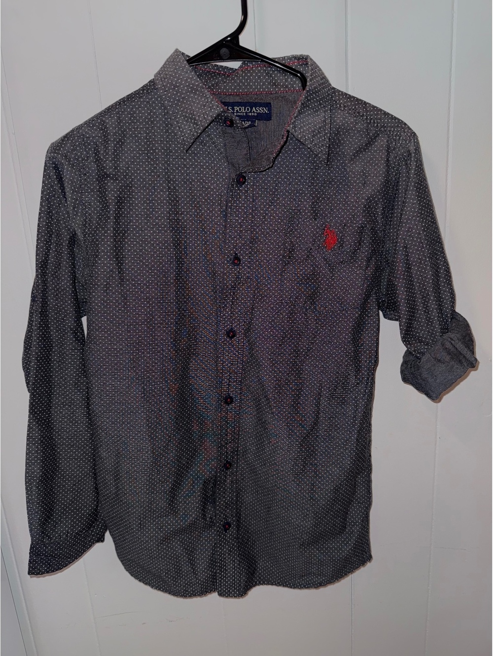 U.S. Polo Assn. Boys' Long Sleeve Button-Up Shirt, Size 14/16, Gray with Polka D